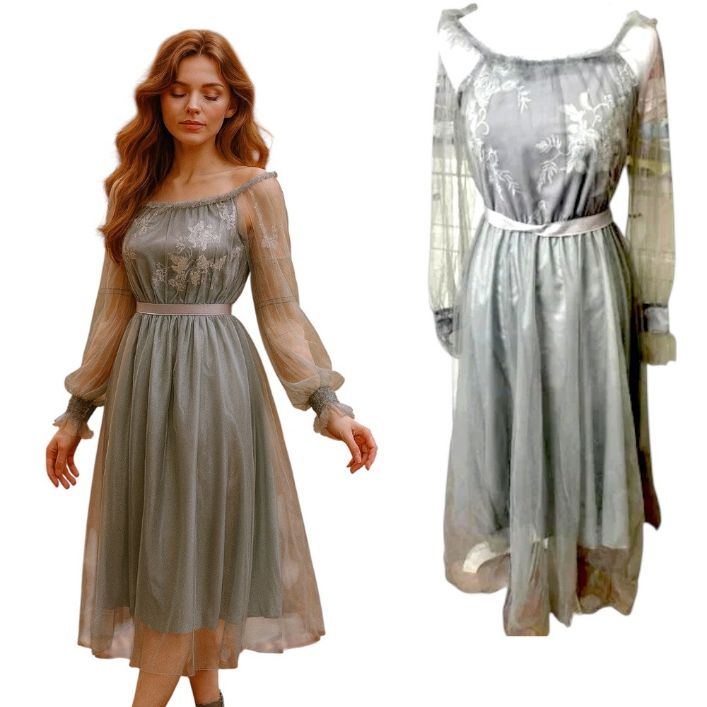 Gray Midi‎ Dress Long Sleeve Floral Embroidered Party Cocktail Evening